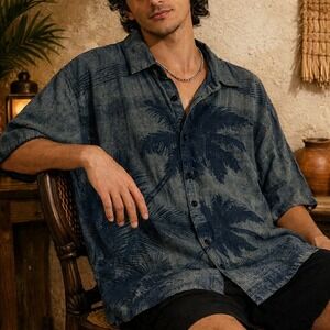 Vintage Culture Retro Palm Tree Button Down Shirt Black Gray Cotton Linen 2X